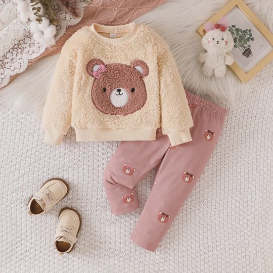【6M-3Y】Girls Teddy Bear Embroidery Long Sleeve Fleece Top + Pants Set