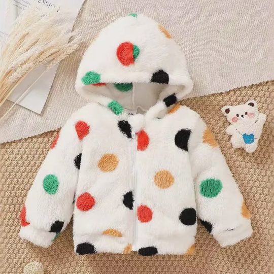 【6M-3Y】Baby Girl Cute Colorful Polka Dot Flannel Keep Warm Hooded Coat