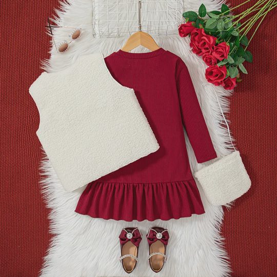 【2Y-7Y】Girls Knitted Tweed Style Dress + Plush Vest Set
