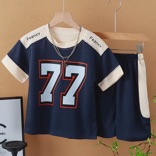 【18M-15Y】2-piece Boys Casual Letter Printed Colorblock Short-sleeved Quick-drying Sports Suit