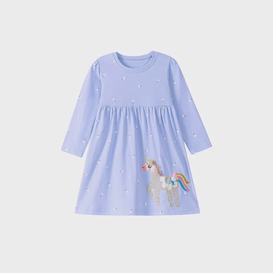 【18M-7Y】Girls Cute Unicorn And Polka Dot Pattern Long Sleeve Dress