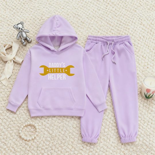 【2Y-13Y】Fleece-Lined Hoodie And Joggers Set With Daddy's Little Helper Design For Kids