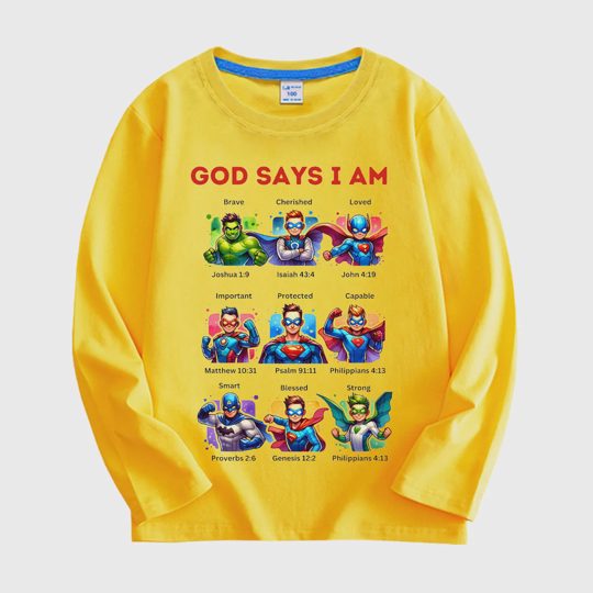 【18M-11Y】Kids Long Sleeve Tee With Superhero & Bible Quote Print