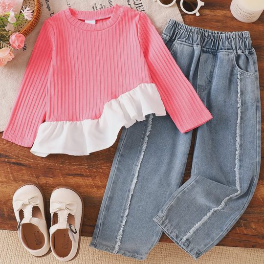 【2Y-8Y】Girls Long Sleeve Ribbed Top With Lace Trim + Fringed Denim Pants Two-piece Set