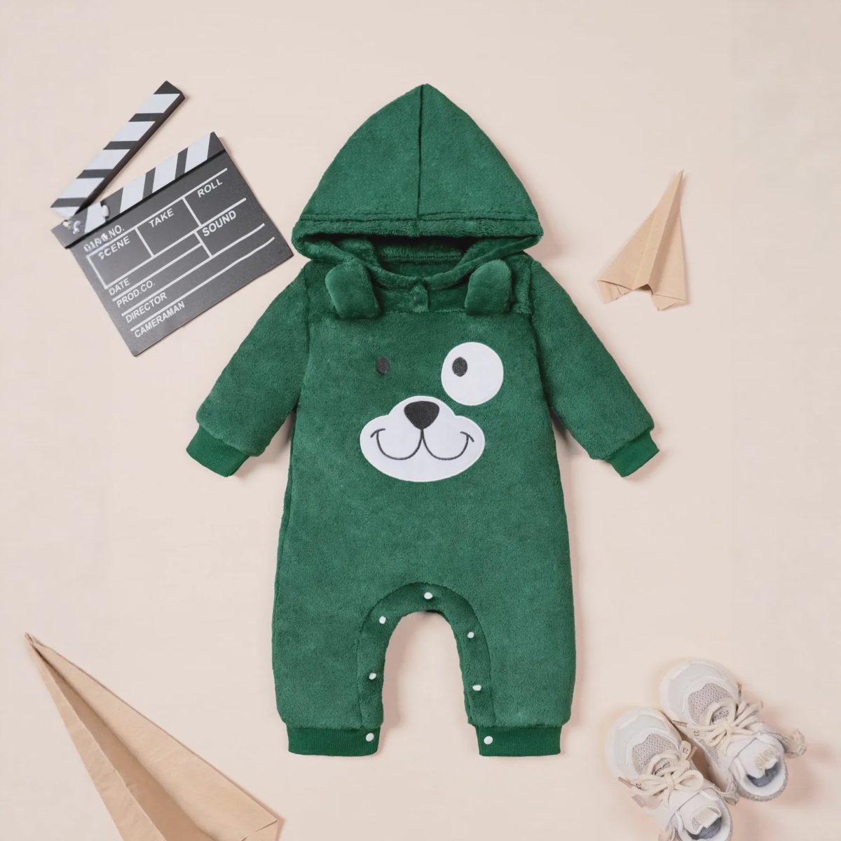 【0M-18M】Boys' Green Bear Print Long Sleeve Romper