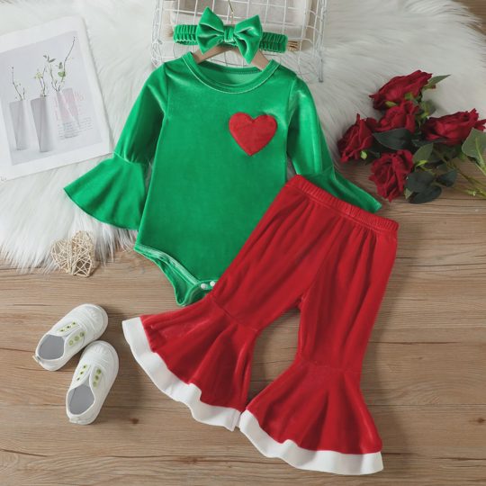 【6M-3Y】Girls' Christmas Silver Fleece Bell-Sleeve Romper Set