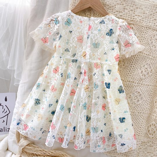【18M-8Y】Girls Sweet Round Neck Short Sleeve Butterfly Print Lace Dress-33100