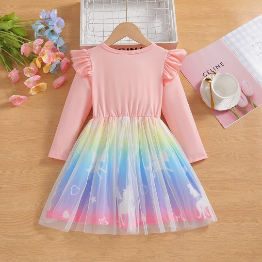【18M-8Y】Girls Unicorn Print Mesh Long Sleeve Dress