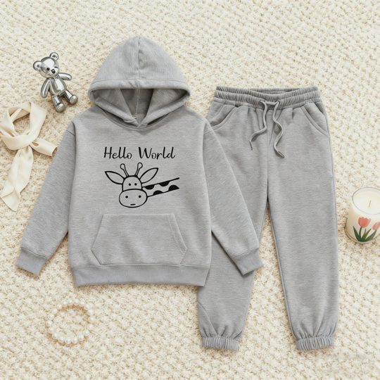 【2Y-13Y】Festive Fleece-Lined Hoodie And Jogger Set Hello World Giraffe Design For Kids