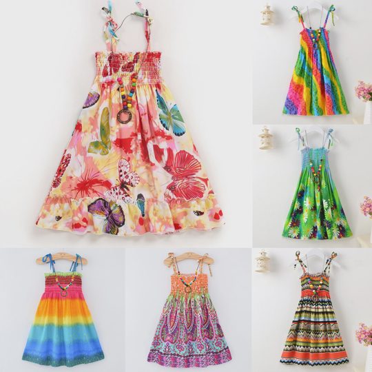 【2Y-13Y】2-piece Girls Fashion Flower And Butterfly Print Slip Bohomia Dress With Necklace - 33323
