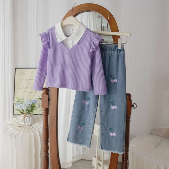 【2Y-7Y】Girls Ruffled Knitted Patchwork Collar Top + Embroidered Denim Pants Set