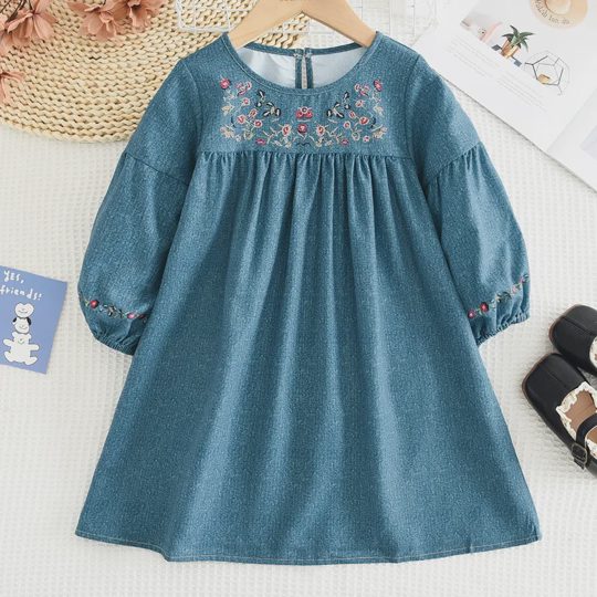 【2Y-7Y】Girls Floral Print Round Neck Long Sleeve Blue Dress