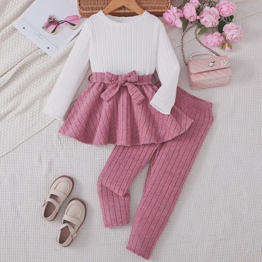 【3Y-7Y】Girls' Patchwork Long-Sleeve Babydoll Top & Pants Set With Belt (3-Piece Set)