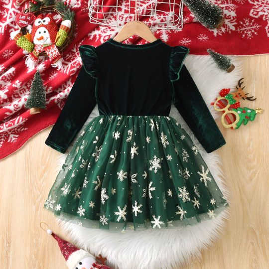 【3Y-8Y】Girls' Christmas Sweet Solid Ruffled Long Sleeve Dress With Snowflake-Decorated Mesh Overlay