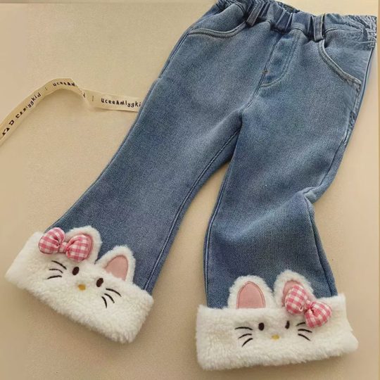 【18M-6Y】Girls Thick Fleece Plush Cat Embroidered Jeans