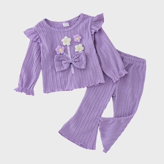 【9M-3Y】Girls' Bow Cable Knit Long-Sleeve Top & Pants Two-Piece Set