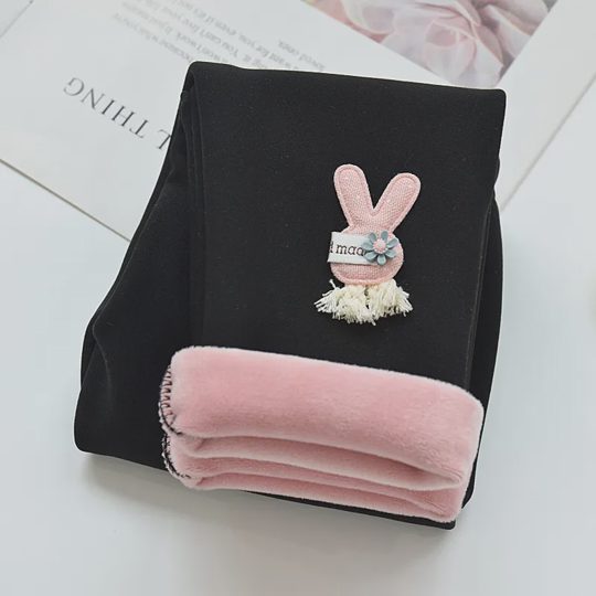 【18M-7Y】Girls Thick Fleece Bunny Applique Leggings