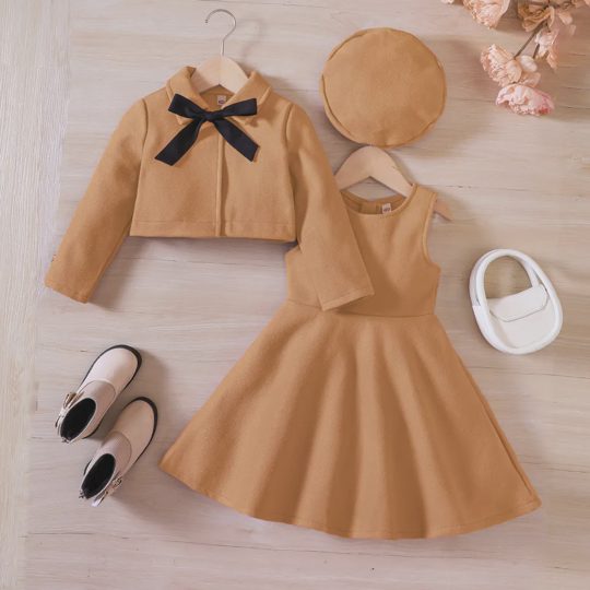 【18M-6Y】3pcs/Set Young Girl Short Jacket + Jumper Dress, Comes With Bow Beret Hat, Autumn/Winter