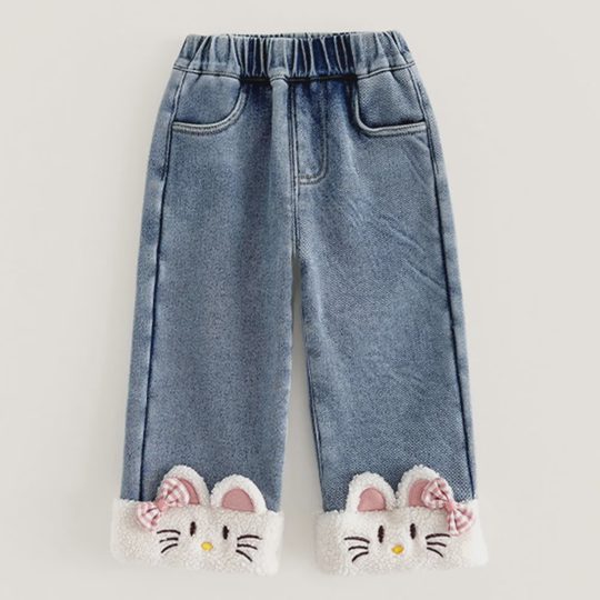 【18M-6Y】Girls Thick Fleece Plush Cat Embroidered Jeans