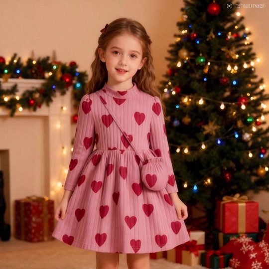 【3Y-7Y】Girls Turtleneck Heart Knit A-Line Dress With Crossbody Bag