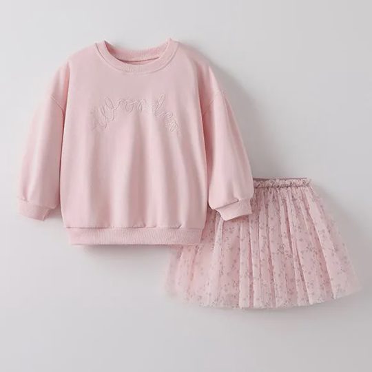 【2Y-8Y】Girls Letter Print Sweatshirt And Tulle Floral Dress 2-piece Set
