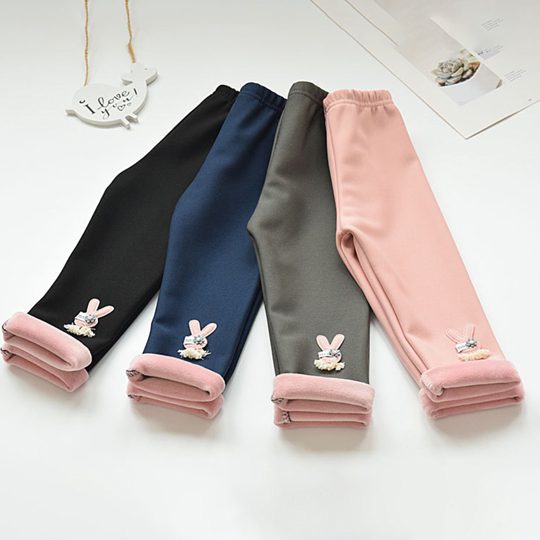 【18M-7Y】Girls Thick Fleece Bunny Applique Leggings