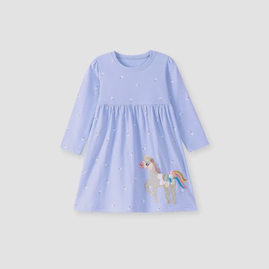 【18M-7Y】Girls Cute Unicorn And Polka Dot Pattern Long Sleeve Dress