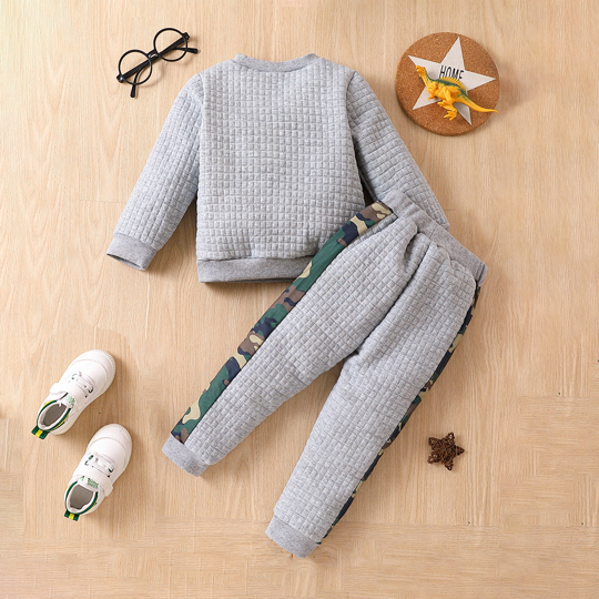 【18M-6Y】Boys' Dinosaur Appliqué Waffle Knit Long Sleeve Crewneck Sweatshirt & Sweatpants Set
