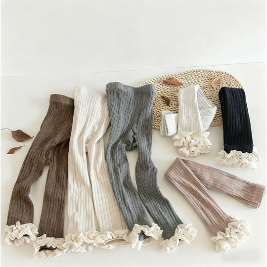 【6M-10Y】Girls' Wide-Stripe Ruffle Ankle-Length Knit Leggings