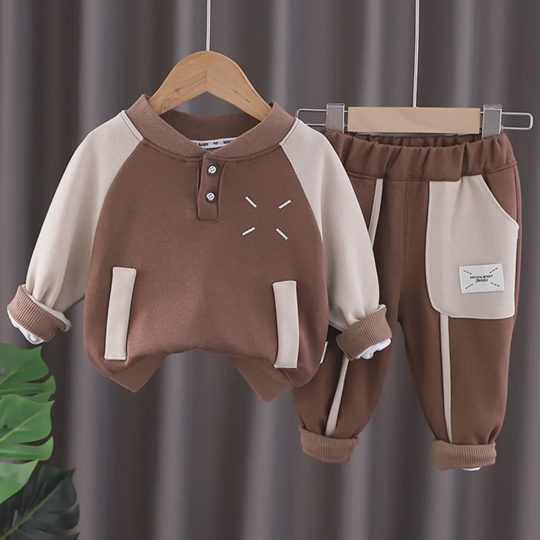 【12M-5Y】2-piece Boy Casual Letter Print Colorblock Round Neck Sweatshirt And Pants Set
