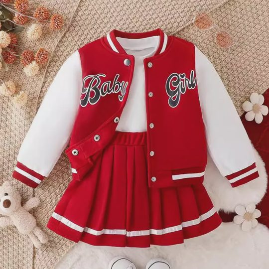 【1Y-8Y】2-piece Girls Letter Print Baseball Jacket And Skirt Set (T-shirt Not Included)