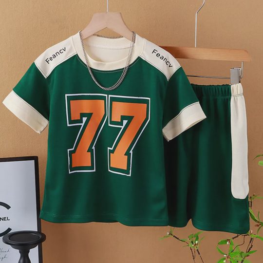 【18M-15Y】2-piece Boys Casual Letter Printed Colorblock Short-sleeved Quick-drying Sports Suit