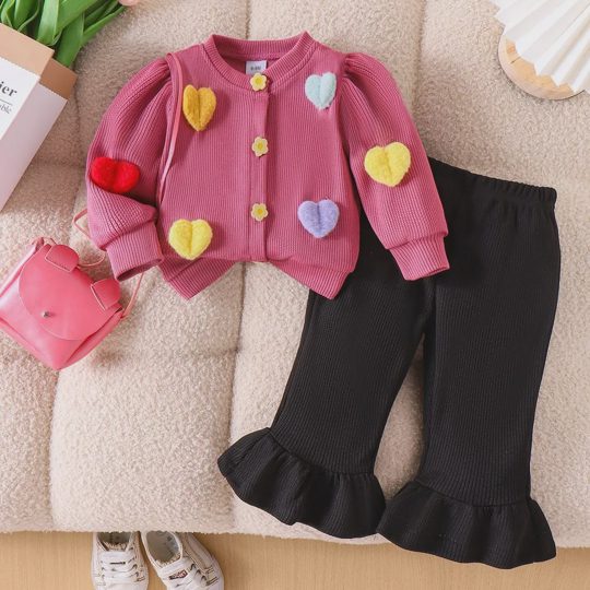 【6M-3Y】Girls Knit Cardigan With Heart Patch Top + Flared Pants Set
