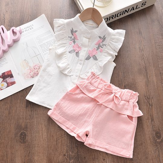 【2Y-7Y】Girls Embroidered Sleeveless Shirt And Shorts 2-Piece Set
