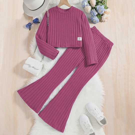 【8Y-13Y】Girls Ribbed Long-Sleeve Top And Flared Knit Pants Set