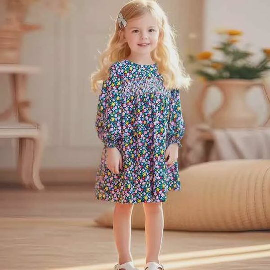 【18M-7Y】Girls Cotton Floral Print Long Sleeve Dress