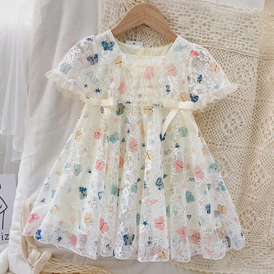 【18M-8Y】Girls Sweet Round Neck Short Sleeve Butterfly Print Lace Dress-33100