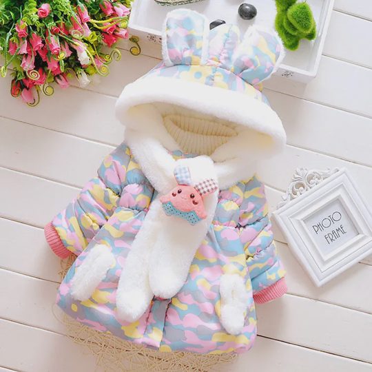 【6M-3Y】Girls Sweet Cute Rabbit Ears Hooded Cotton Jacket (Random Colors Of Accessories)