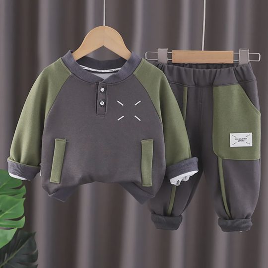 【12M-5Y】2-piece Boy Casual Letter Print Colorblock Round Neck Sweatshirt And Pants Set